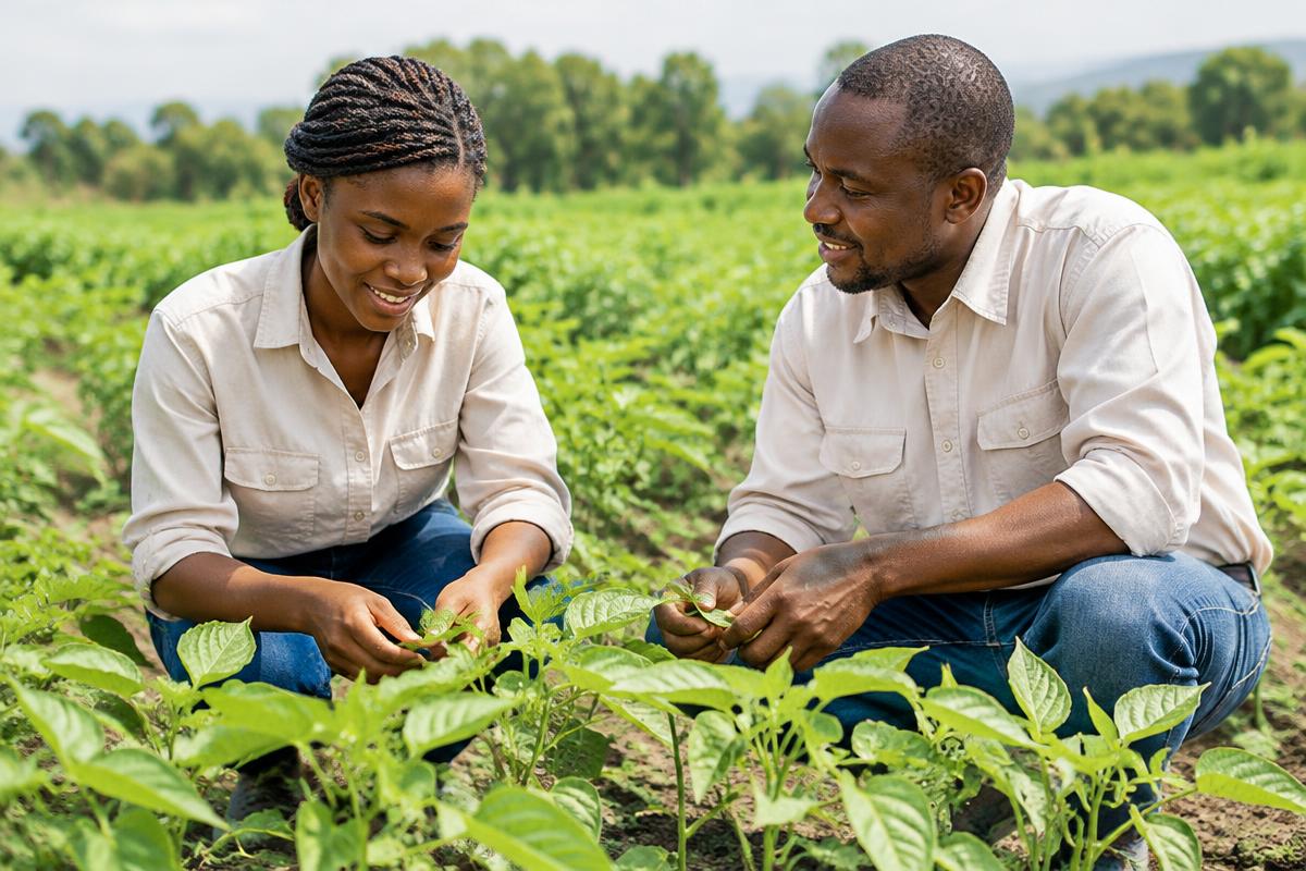 Agricultural professionals examining healthy crops in Ghana